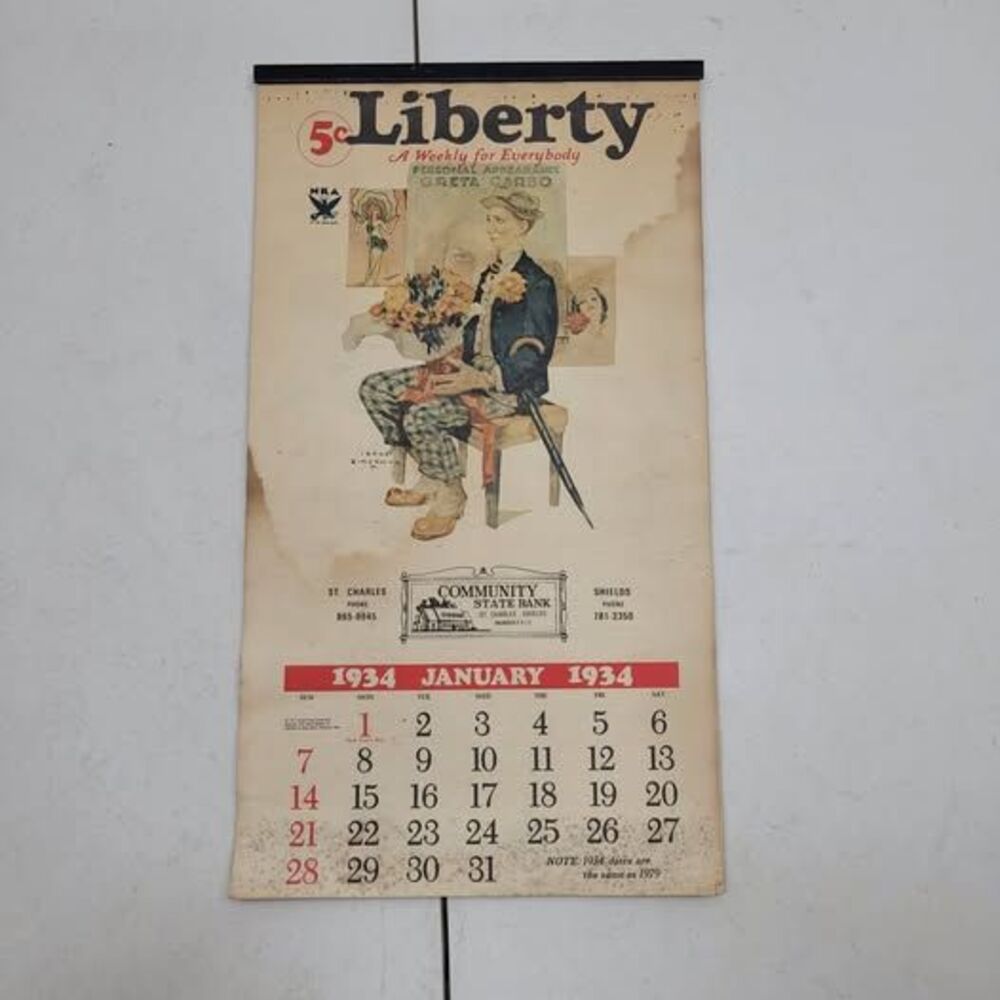 Vintage 1934 Liberty Magazine Calendar Community State Bank